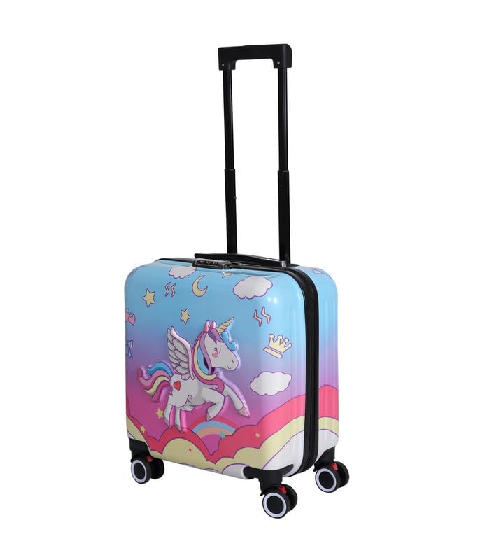 Premium kids luggage with vibrant 3D unicorn and rainbow design, durable trolley bag with spinner wheels for travel. www.usmile.toys